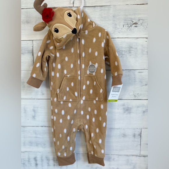 NWT | Hudson Baby Tan & White Hooded Fleece Reindeer Jumpsuit | 6-9 months - Picture 2 of 3